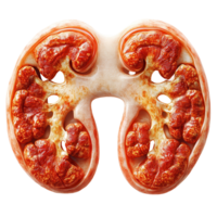 Detailed anatomical representation of human kidneys showing complex structures and tissues for educational purposes isolated on transparent background png