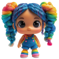 Colorful doll with vibrant hair and stylish outfit in a playful setting isolated on transparent background png