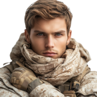 Soldier poses confidently wearing tactical gear and scarf with an intense expression during military training exercises isolated on transparent background png