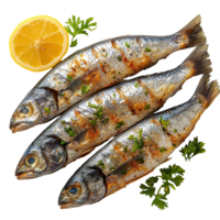 Freshly grilled fish with lemon and herbs garnished on a plate ready to be served isolated on transparent background png