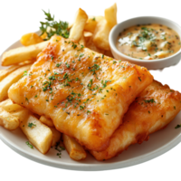 Delicious fish and chips served with creamy sauce and garnished with parsley in a casual dining setting isolated on transparent background png
