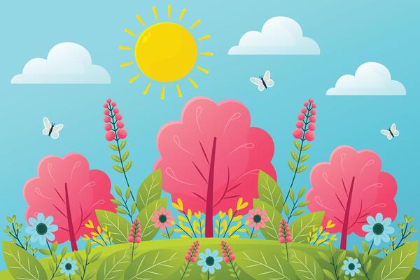 landscape of a blooming spring field on a sunny day flat illustration
