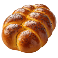 Freshly baked challah bread with a golden finish and poppy seeds on top, perfect for gatherings and celebrations isolated on transparent background png