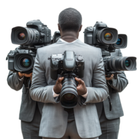 Professional photographer holding camera surrounded by multiple cameras in a studio setting isolated on transparent background png