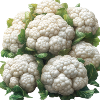 Freshly harvested cauliflower heads displayed with vibrant green leaves in a market setting isolated on transparent background png