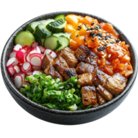 Vibrant rice bowl with grilled protein and fresh vegetables served in a rustic black bowl isolated on transparent background png