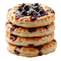 Delicious stack of fluffy biscuits topped with sweet berry jam served for breakfast isolated on transparent background png