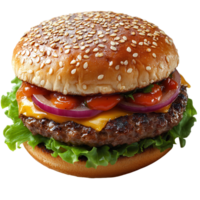 Juicy hamburger with fresh lettuce, cheese, and condiments served on a sesame seed bun isolated on transparent background png