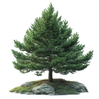 Tall evergreen tree surrounded by rocks and grass in a natural setting during daylight isolated on transparent background png