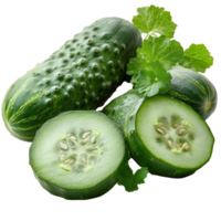 Fresh green cucumbers sliced open with vibrant leaves on a clean surface isolated on transparent background png