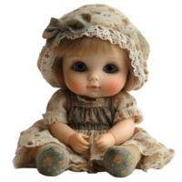 Vintage doll sitting quietly with a floral dress and bonnet in a soft, nostalgic setting isolated on transparent background png