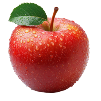 Freshly washed red apple with dew drops and a green leaf resting on a white background isolated on transparent background png