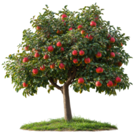 Vibrant apple tree thriving in sunny landscape with abundant ripe fruit during early autumn isolated on transparent background png