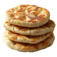 Freshly baked flatbreads stacked high on a clean white background showcasing their golden-brown texture and fluffy appearance isolated on transparent background png