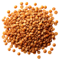 Yellow lentils piled high on a wooden surface showcasing their round shape and smooth texture in a rustic setting isolated on transparent background png