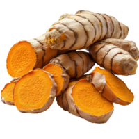Fresh turmeric roots with bright orange flesh displayed on a white background isolated on transparent background png