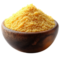 Golden cornmeal in a wooden bowl displayed on a white background, highlighting its fine texture and color isolated on transparent background png