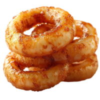 Crispy fried onion rings served in a stack on a white background isolated on transparent background png
