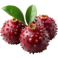 Unique spiky red fruit with green leaves displays its unusual texture and vibrant color on a plain background isolated on transparent background png