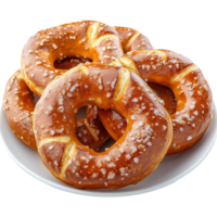 Delicious soft pretzels piled on a plate, warm and inviting, perfect for snacking or sharing during any occasion isolated on transparent background png