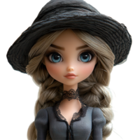 Doll with long braid wearing a stylish black hat and gray dress in a minimalist setting isolated on transparent background png