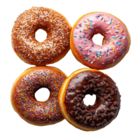 Assorted donuts with sprinkles and chocolate topping on a simple white background isolated on transparent background png