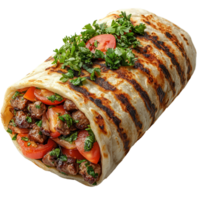 Savory grilled wrap filled with spiced meat and fresh vegetables enjoyed during a sunny afternoon isolated on transparent background png
