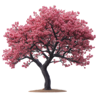 Blooming cherry blossom tree in a serene park setting during springtime, showcasing vibrant pink flowers and a twisted trunk isolated on transparent background png
