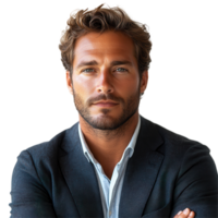 Confident man in a formal blazer with tousled hair poses against a blank backdrop, showcasing a charismatic expression and strong demeanor isolated on transparent background png