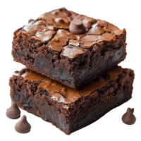 Decadent chocolate brownies with chocolate chips on a white surface, showcasing rich texture and tempting appearance isolated on transparent background png