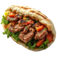 Delicious pita sandwich filled with grilled meat, fresh vegetables, and herbs at a local eatery isolated on transparent background png
