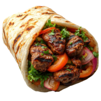 Delicious grilled meat wrapped in warm flatbread with fresh vegetables and herbs served on a plate isolated on transparent background png