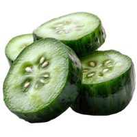 Freshly sliced cucumbers arranged in a stack showing vibrant green color and juicy texture isolated on transparent background png