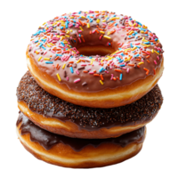 Colorful donuts stacked high with chocolate and sprinkles suitable for a sweet treat anytime isolated on transparent background png