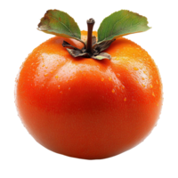 Fresh persimmon with dew drops resting on a light background, showcasing its vibrant orange color and leafy stem isolated on transparent background png