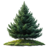 Lush evergreen tree standing alone on a patch of green grass in natural light, showcasing its dense foliage and symmetrical shape isolated on transparent background png