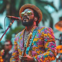 Colorful musician performing live with guitar and tropical attire photo