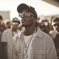 Urban portrait of stylish man in crowd wearing sunglasses photo