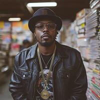 Stylish man in leather jacket and hat at vintage record store photo