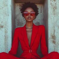 Confident woman in red pantsuit and glasses posing in an urban setting photo
