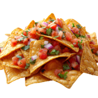 Crispy tortilla chips topped with fresh salsa and cilantro at a casual gathering isolated on transparent background png