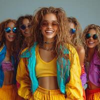 Group of friends enjoying vibrant 80s fashion and cheerful vibes photo