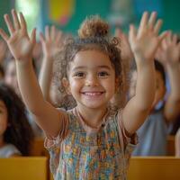 Happy child raising hand in a vibrant classroom setting photo
