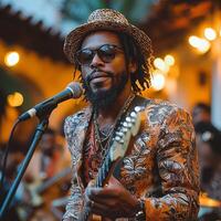 Musician Performing in Stylish Outfit During Outdoor Evening Event photo