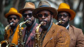 Four Stylish Musicians Playing Saxophones in a Lively Outdoor Setting photo