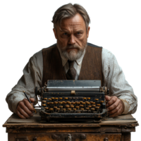 Writer at vintage typewriter engaged in creative process in a cozy workspace isolated on transparent background png