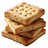 Savory crackers stacked in layers showcasing golden brown texture and perforations isolated on transparent background png