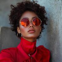 Stylish woman in red outfit with round sunglasses posing confidently photo