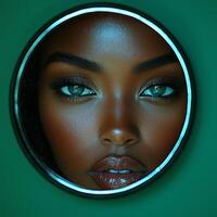 Closeup Portrait of Woman's Face Reflected in a Small Round Mirror photo