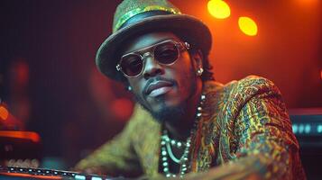 Stylish musician creating music in a vibrant studio with artistic lighting photo
